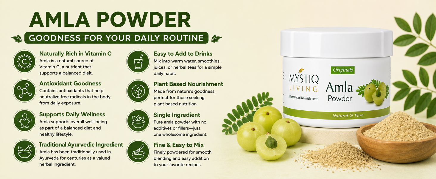 Mystiq Living Amla Powder, Edible Indian Gooseberry for Eating & Drinking
