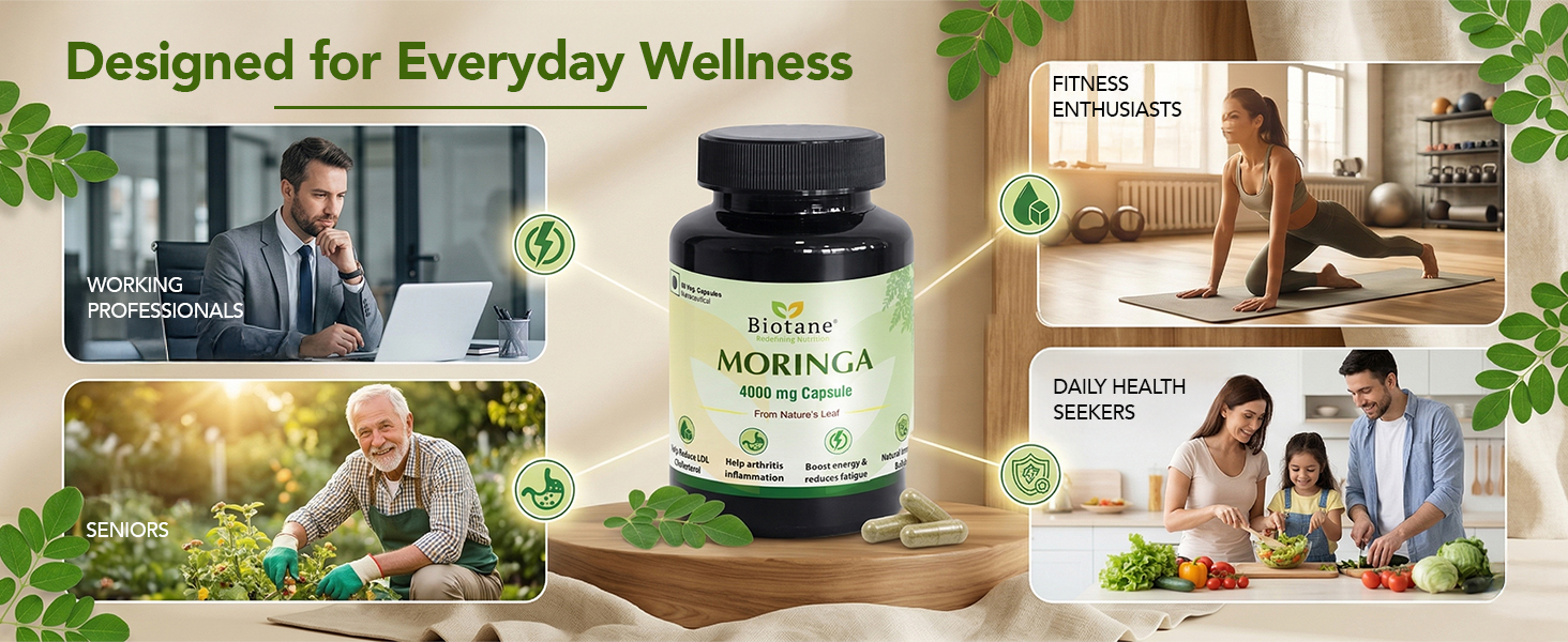 Biotane Moringa 4000mg Capsules | Only 1 Capsule a Day | Natural Multi-Vitamin Supplement | Manufactured in technical collaboration with Vitane Pharma, USA I Pack of 60 Veg Capsules