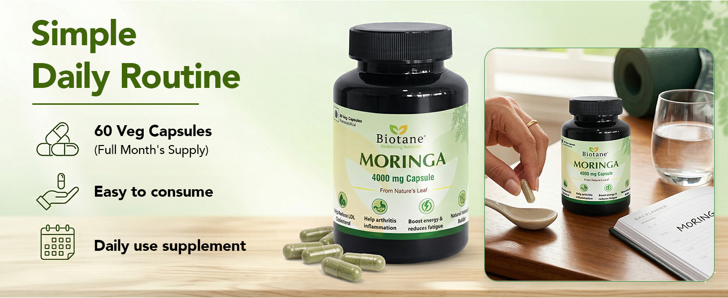 Biotane Moringa 4000mg Capsules | Only 1 Capsule a Day | Natural Multi-Vitamin Supplement | Manufactured in technical collaboration with Vitane Pharma, USA I Pack of 60 Veg Capsules