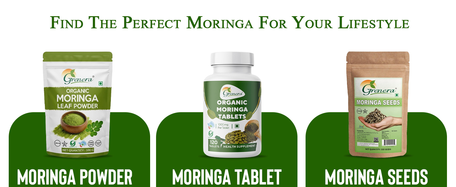 Grenera Organic Moringa Tablets 120 nos, Drumstick Leaf Powder Tablets, Super-Food Shigru, Vegan, Gluten Free, Non GMO