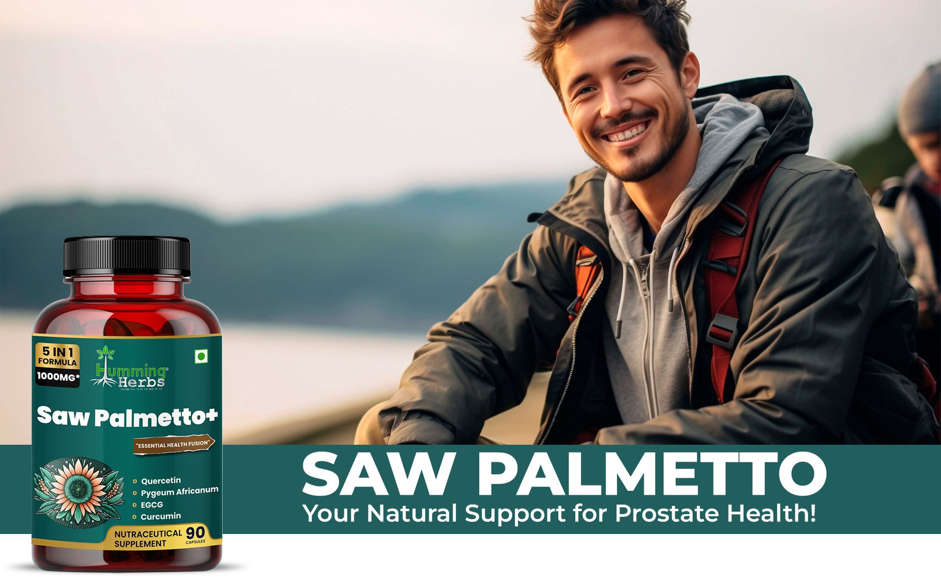Humming Herbs Saw Palmetto Plus Prostate Support - Enhanced Formula with Quercetin, Turmeric, Pygeum, Vitamins E & B6, Zinc, Selenium for Men's Health