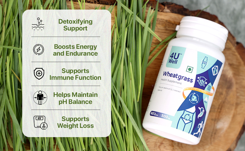 4UWell Wheatgrass Capsule 500mg | Natural Detox & Energy Booster Supplement | Rich in Antioxidants, Vitamins & Minerals | Supports Immunity, Digestion & Overall Wellness | 60 Capsules