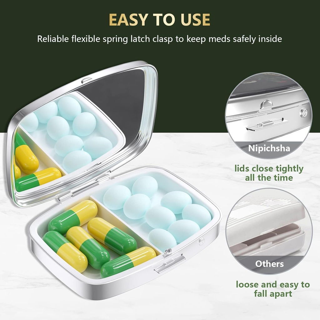 Nipichsha Pill Box, Small Pill Case for Purse & Pocket, Cute Travel Medicine Organizer, Portable Medicine Container Holder to Hold Vitamins, Medication, Fish Oil & Supplement, Gray Black Gold 5