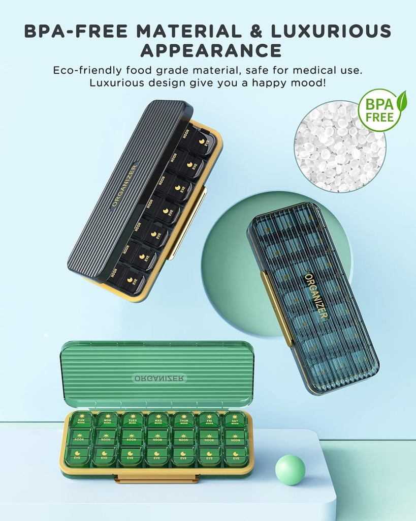 Pill Organizer 3 Times A Day, 7-Day Pill Box 3 Times A Day - Acedada Weekly Medicine Box Organizer, 7 Detachable Portable Daily Pill Container Dispenser Case for Vitamins Fish Oils Supplements, Green 3
