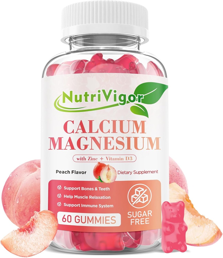 Calcium Gummies 600mg with Vitamin D3, Calcium Magnesium Zinc Gummies for Bone & Immune Support, Calcium Supplement for Women & Men, Sugar Free, Vegan, Peach Flavor, 60 Count 2
