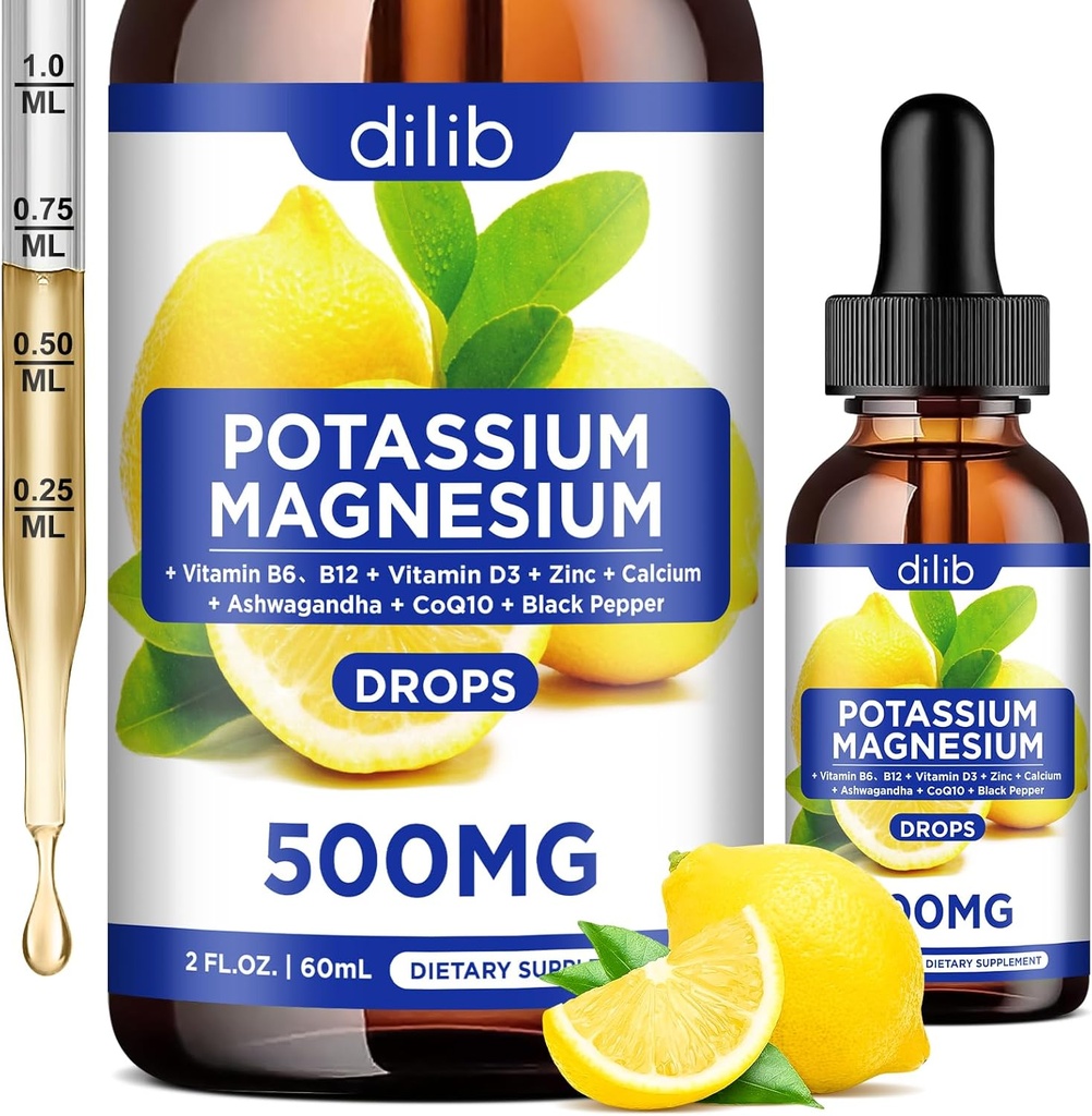 Potassium Magnesium Citrate Supplement, Liquid Magnesium Citrate Drops 500mg with Ashwagandha, Calcium, Zinc, Vitamin D3, B6, B12, CoQ10 - Vegan 2 fl oz Pineapple Flavor 2