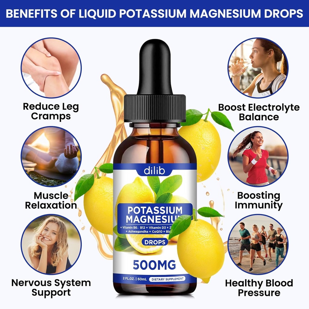 Potassium Magnesium Citrate Supplement, Liquid Magnesium Citrate Drops 500mg with Ashwagandha, Calcium, Zinc, Vitamin D3, B6, B12, CoQ10 - Vegan 2 fl oz Pineapple Flavor 4