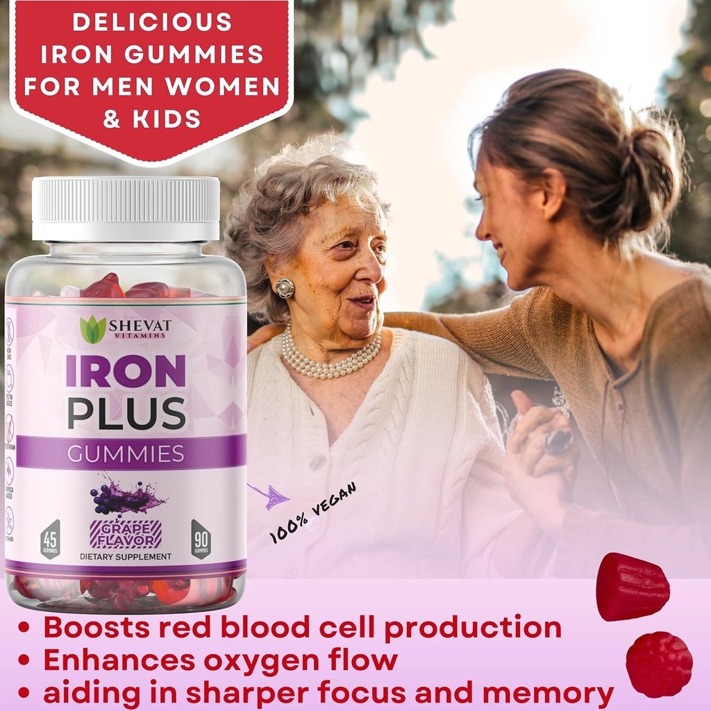 Made in USA 90 Iron Gummies For Women Anemia - Vegan, Gluten Free & Immune Support Iron Supplement Gummies (Grape) - Chewable Iron Gummies for Men - Kids iron Gummies for Kids with Vitamin C, A & Zinc 3