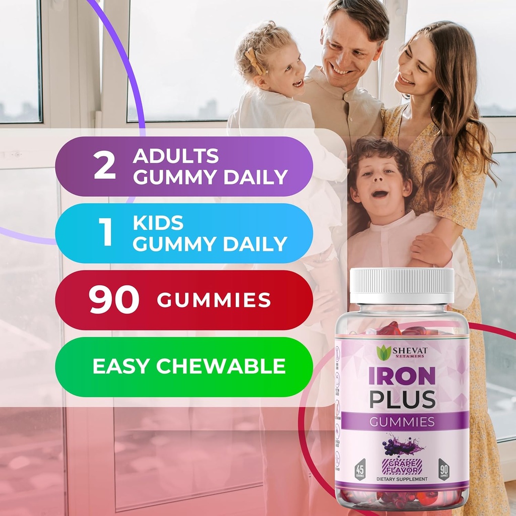 Made in USA 90 Iron Gummies For Women Anemia - Vegan, Gluten Free & Immune Support Iron Supplement Gummies (Grape) - Chewable Iron Gummies for Men - Kids iron Gummies for Kids with Vitamin C, A & Zinc 5