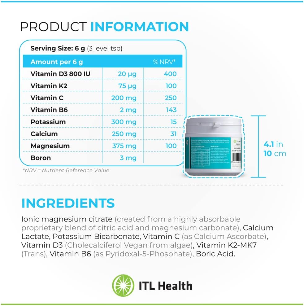 MAG365 ITL Health BF Plus Calcium, 210g 35-Servings - Ionic Magnesium Citrate Powder, Natural Citrus Flavor - Vitamin K2 D3 with Zinc, B6, C, Calcium & Potassium - Bone Support Formula for Men & Women 4