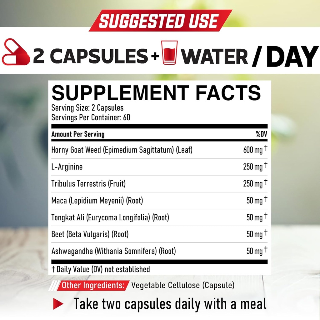 7 in-1 Ultra Test Support with Tribulus Terrestris Horny Goat Weed L-Arginine Maca Root Tongkat Ali Beet Root - Energy Workout Muscle Strength Support 120 Capsules 3