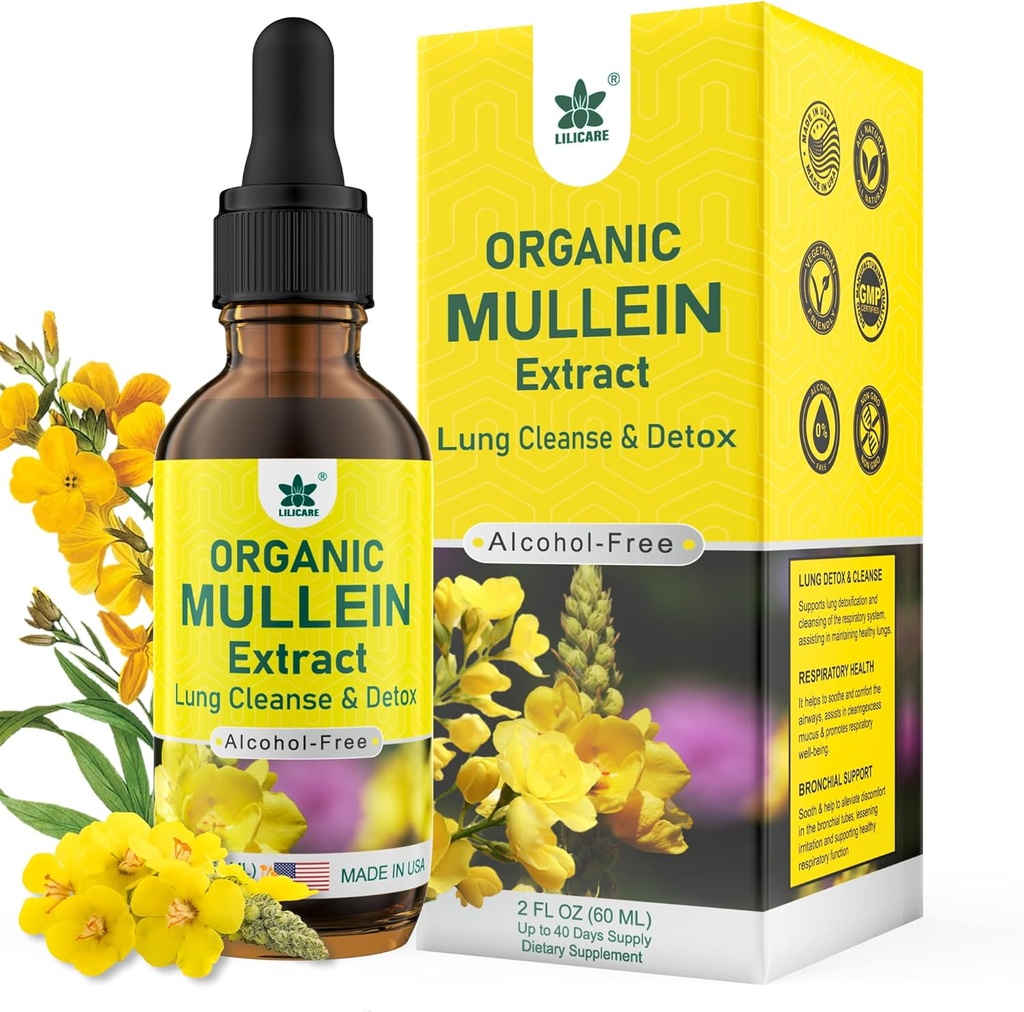 Mullein Drops for Lungs, Mullein Leaf Extract Herbal Supplement, Natural Lung Cleanse, Respiratory & Immune Support, Breathe Health, Tincture with Marshmallow, Elderberry - 2 fl Ounces 2