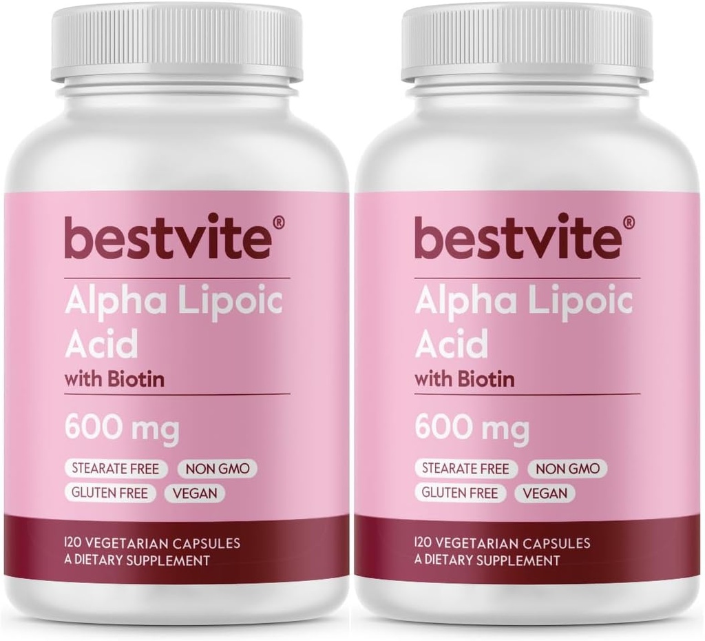 Alfa Kyselina lipoová 600 mg (na kapsulu) s Biotínom na zlepšenie absorpcie (240 Vegetariánov kapsuly) (2 x 120) Žiadne výplne - žiadne stearáty - žiadne prietokové látky