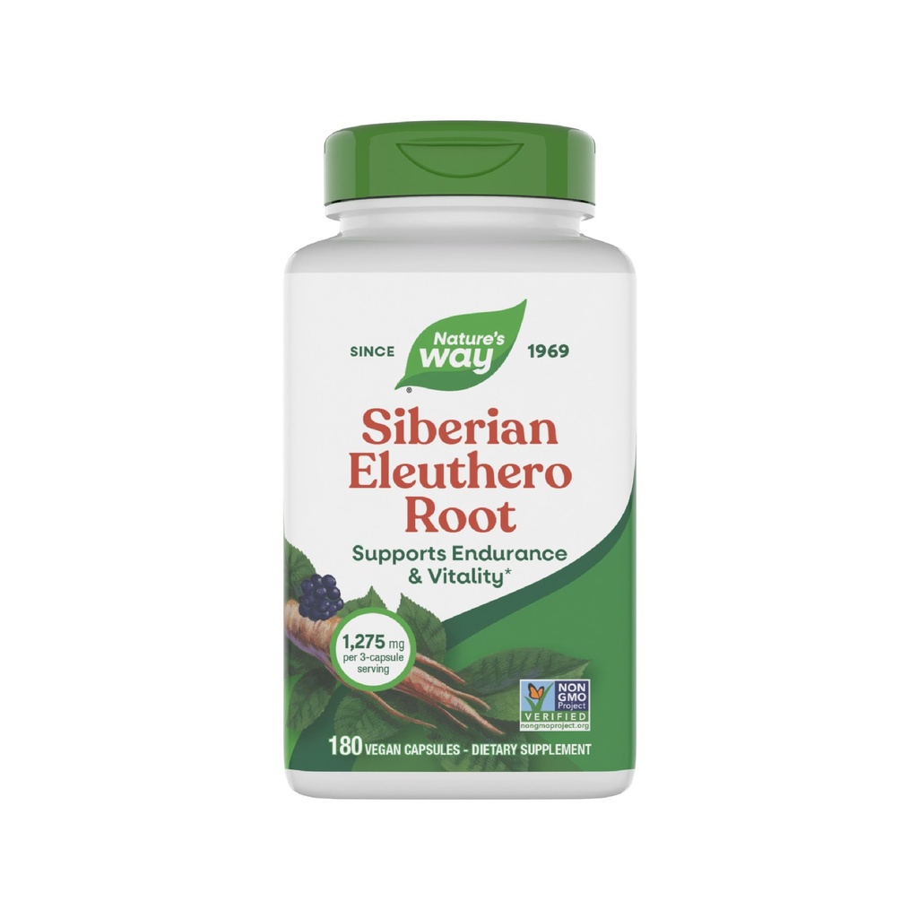 Nature's Way Premium Herbal Sibírsky Eleuthero Root Supplement, Supports Endurance & Vitality*, Adaptogen*, 1,275mg per 3-Capsule Serving, Non-GMO Project Overené, 180 Kapsule (Packaging May Vary)