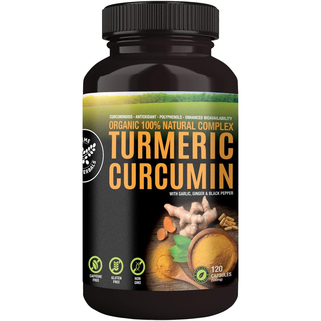 100% surové a organické kurkumínové kapsuly. Certified Organic, Gluten-free, non-GMO, a kofeín-Free. Vylepšené s cesnakom, Zázvor a čierne korenie, 500mg, 120 Vegan Kapsule