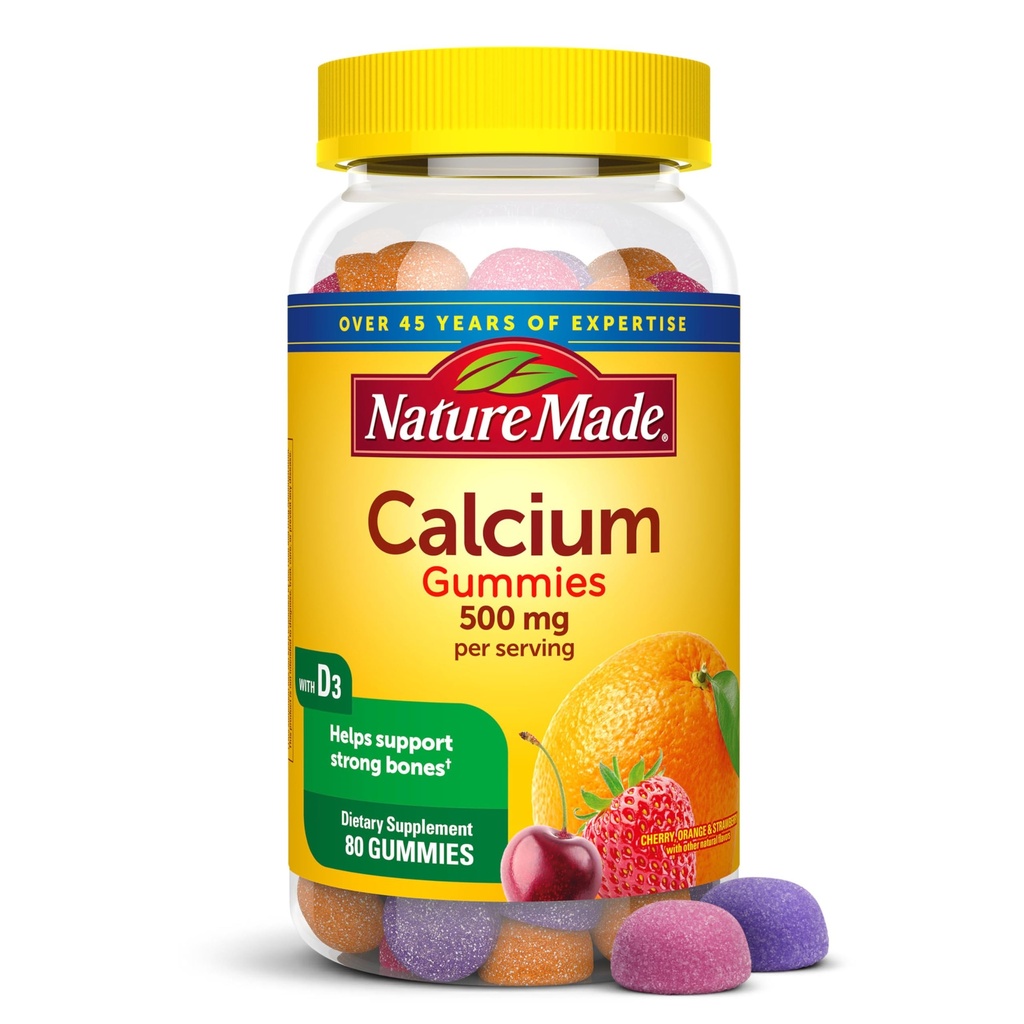 Nature Made Calcium Gummies 500 mg Per Serving with Vitamin D3, Dietary Calcium Supplement for Bone Support, 80 Gumies, 40 Day Supply