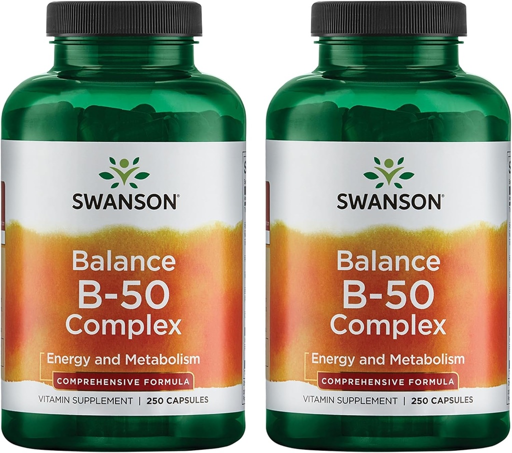 Swanson B-50 B-komplex - B vitamínový komplex s vysokou potenciou a biodostupnosťou - podporuje podporu imunitného systému, pomáha zdravie srdca a podporuje zdravý nervový systém - (250 kapsúl) (2 balenia)