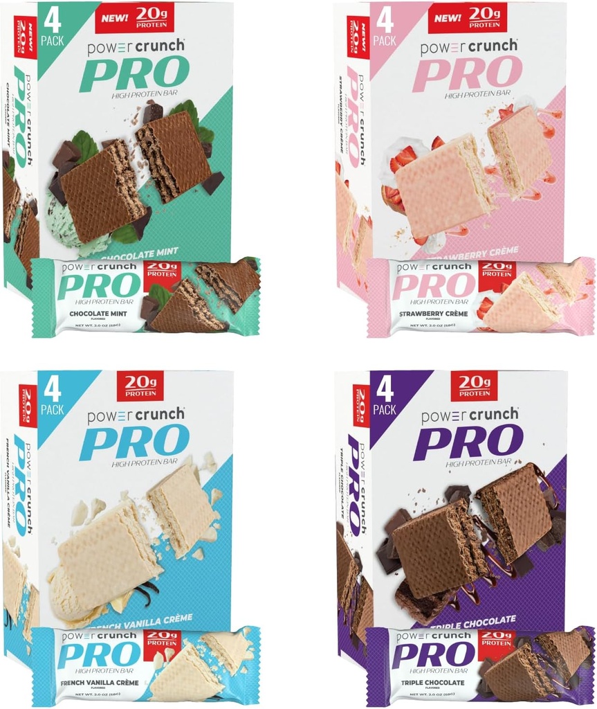 Power Crunch PRO Protein Wafer Bary, Variety Pack, v 4 príchute 2.0 Ounce Bars (16 Počet). Vysoký obsah bielkovín