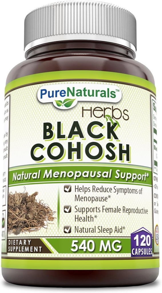 Pure Naturals Black Cohosh Menopauza Relief - Natural Solutions for Menopauza Support - 540 Mg Supplement with Pure Root Extract 120 Kapsule