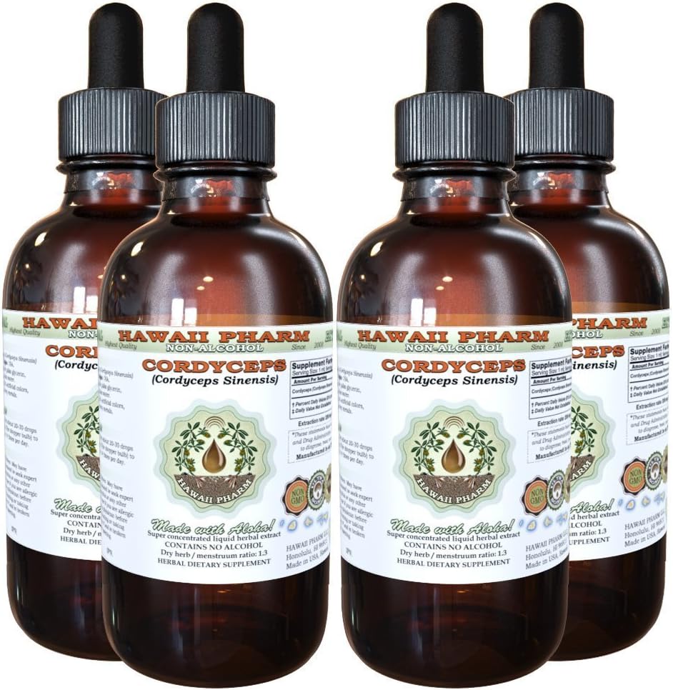 Cordyceps Liquid Extract bez obsahu alkoholu, Cordyceps (Cordyceps Sinensis) Mushrom Glycerite Hawaii Pharm Natural Herbal Supplement 4x4 oz