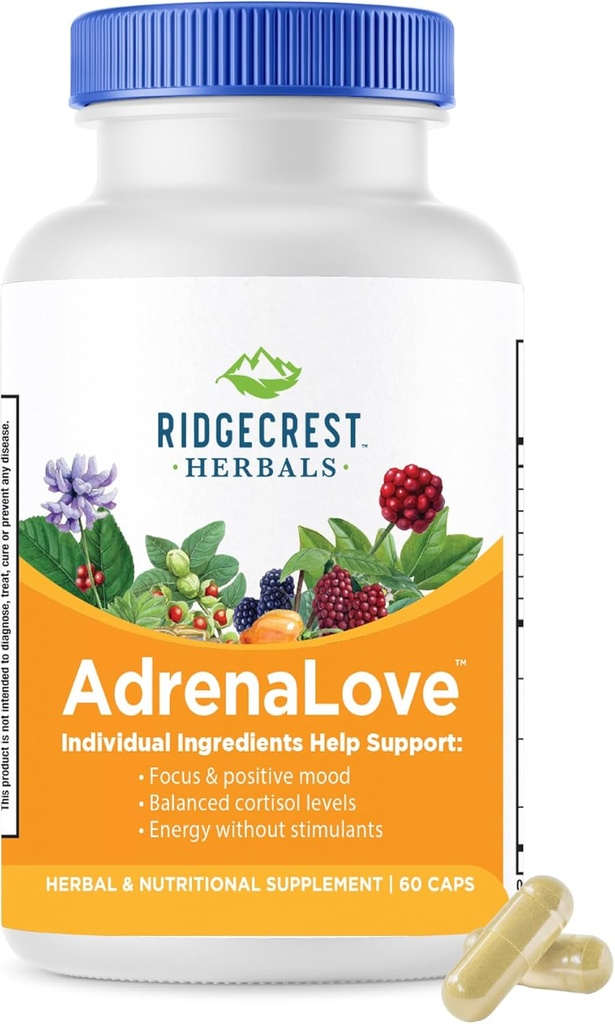 Ridgecrest Bylinné AdrenaLove, Stres a energetická podpora doplnok s Ashwagandha, L-Theanine, Ženšen, Schisandra, Taurine, Holy Basil, Adaptogens, B Vitamíny (60 Vegan Caps, 30 Serv)