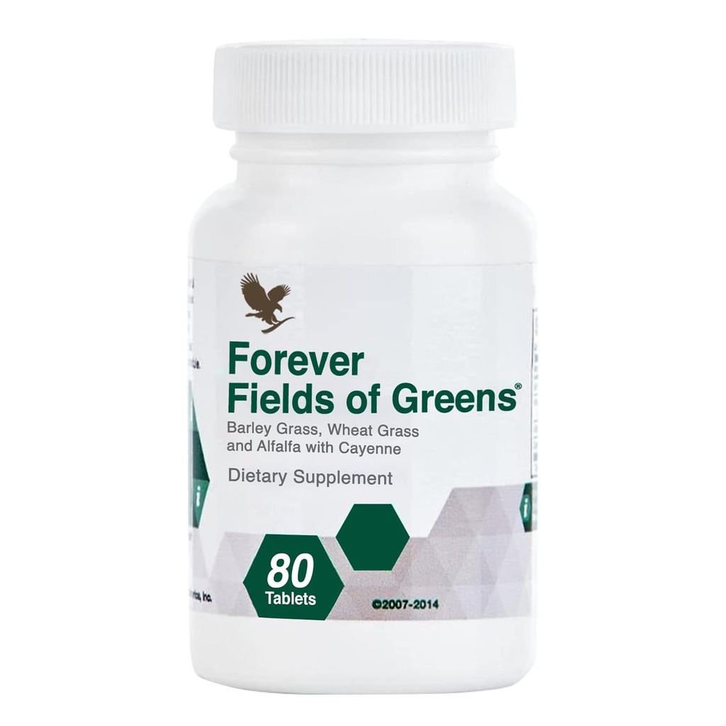 Forever Living - Fields of Greens, Green Superfood Supplement with Jačmenná tráva, Pšeničná tráva a lucerna na čistenie a alkalické, 80 Tablets