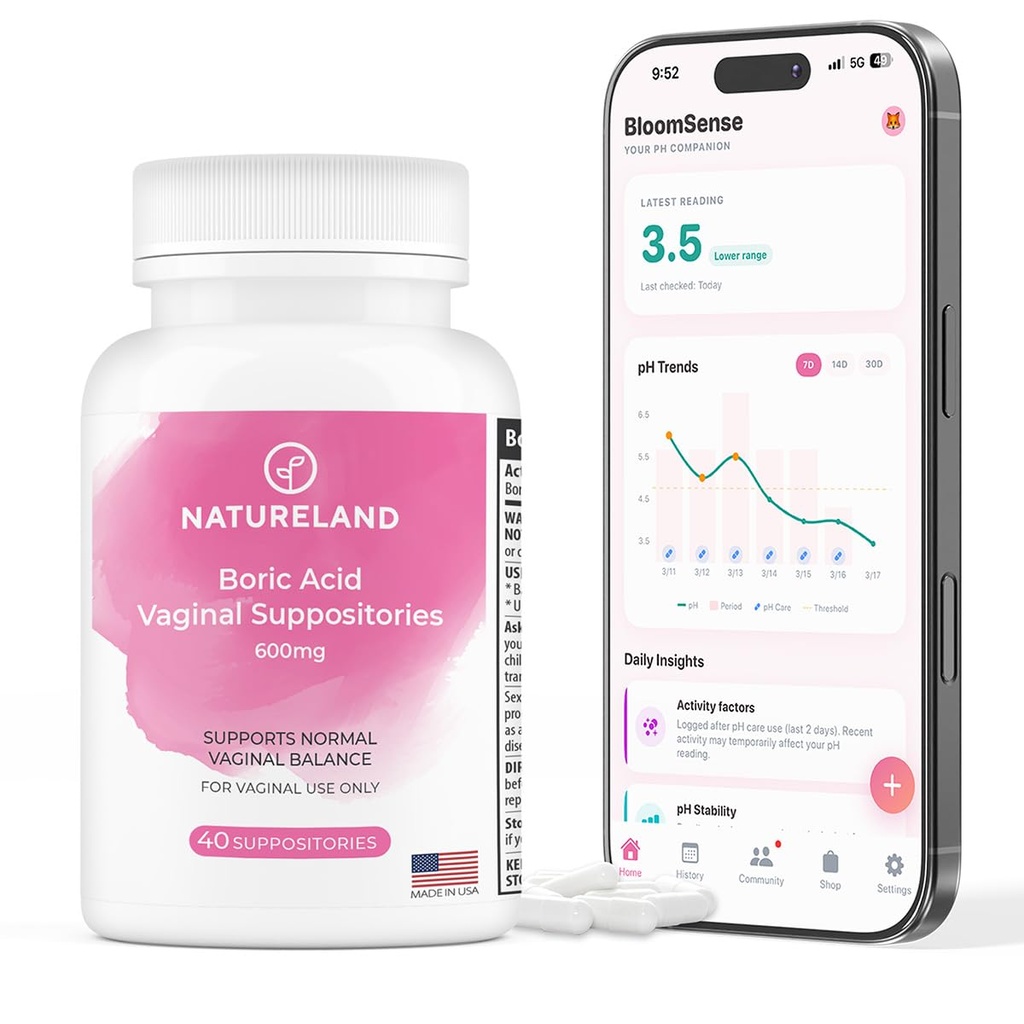 Natureland 40 Count, 600mg kyseliny boritej Vaginálne domnienky, Made in USA, Obnoviť pH rovnováhu a znížiť suchosť, zápach, svrbenie, a vypúšťanie, Podpora Intimate Health (40 Počet (Pack of 1))