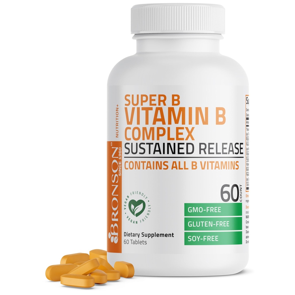 Bronson Super B vitamín B komplex Trvalé pomalé uvoľňovanie (vitamín B1, B2, B3, B6, B9 - kyselina listová, B12) obsahuje všetky B vitamíny 60 tabliet