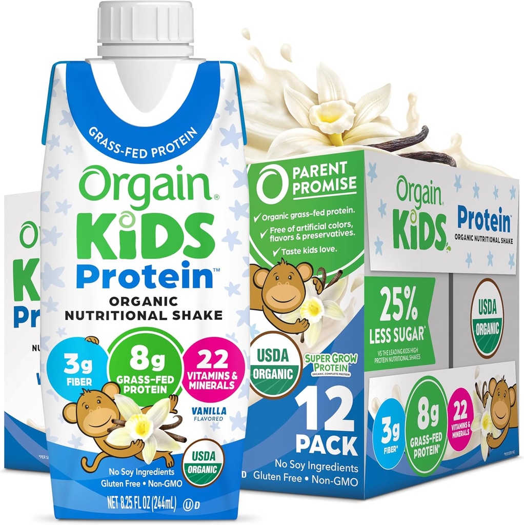 Orgain Organic Kids Nutritional Protein Shake, Vanilla, Healthy Kids Snacks, 8g Dairy Protein, 3g Fiber, 22 Vitamíny a minerály, Žiadne sójové zložky, Gluten Free, Non-GMO, 8.25 Fl Oz (Pack of 12)