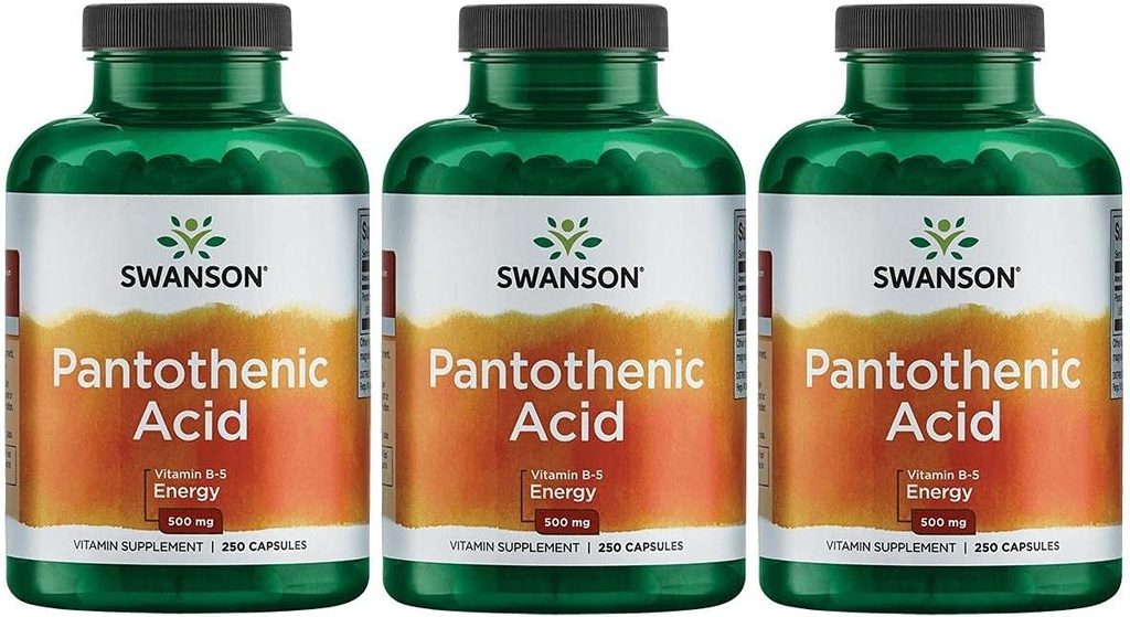 Swanson Kyselina pantoténová (vitamín B-5) Energetický metabolizmus Nerve Funkcia Podpora 500 mg 250 Kapsule (3 balenia)