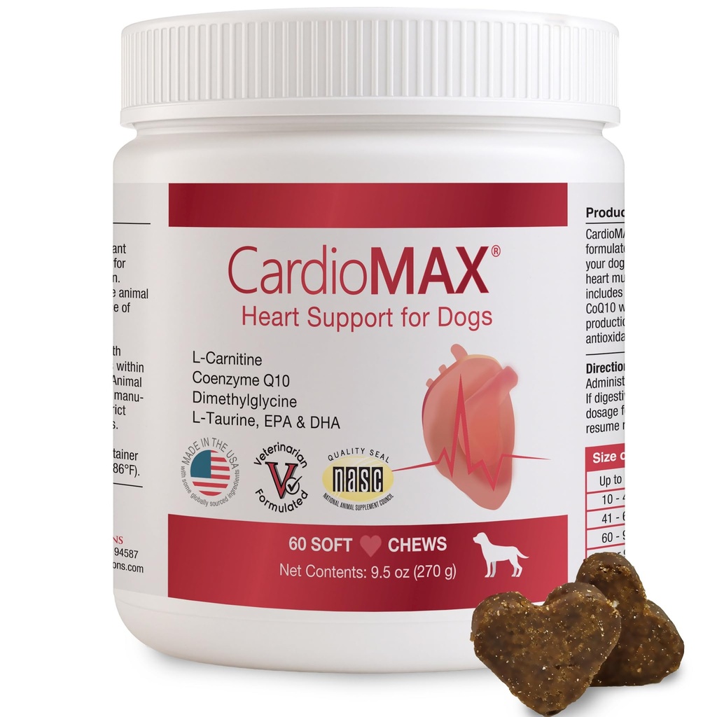 Srdcová podpora Doplnok pre psy-Vet-formulované, Antioxidant-Rich-L-Taurine, L-karnitín,EPA,DHA,CoQ10-Aids cirkulačné sily, Kardiovaskulárna podpora, funkcia srdcového svalu-USA Made-60 mäkké žuvačky