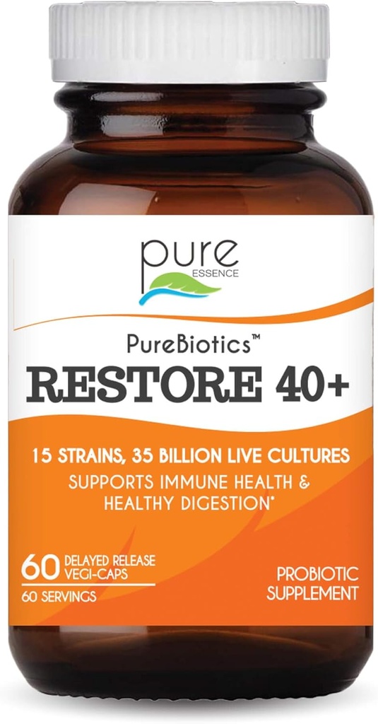 PURE ESENCE LABS PureBiotics Restorian 40+ Probiotic Supplement - Supports Immune & Digestive Health - Dairy & Gluten Free - 15 kmeňov (35 miliárd CTU) Dospelí Prírodné probiotiká (60 kaps)