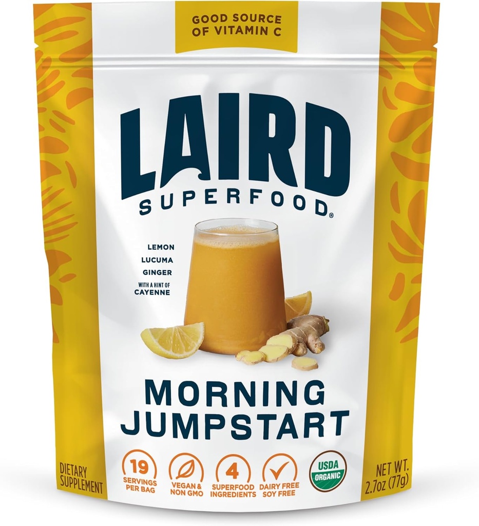 Laird Superfood Morning Jumpstart Powder Drink Supplement, Lemon, Lucuma, Ginger and Cayenne Cleanse, Organic, 2.7 Oz Bag, balenie po 1
