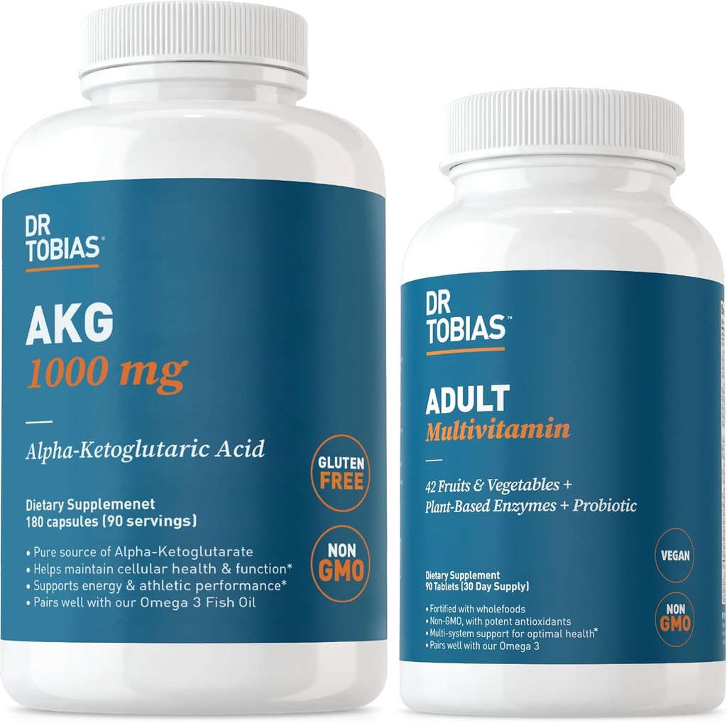 Dr. Tobias AKG Supplement & Adult Multivitamín - komplexná bunková energia a podpora živín pre celkový wellness a vitality, Vegan, non-GMO