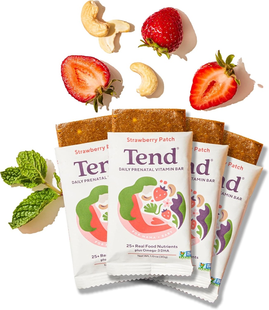 Tend Daily Best Prenatálny vitamín bar, vyrobený s organickými zložkami pre tehotné a popôrodné matky, zahŕňa DHA, vitamín D, B, cholín, folát - jahodová patch (4ct)