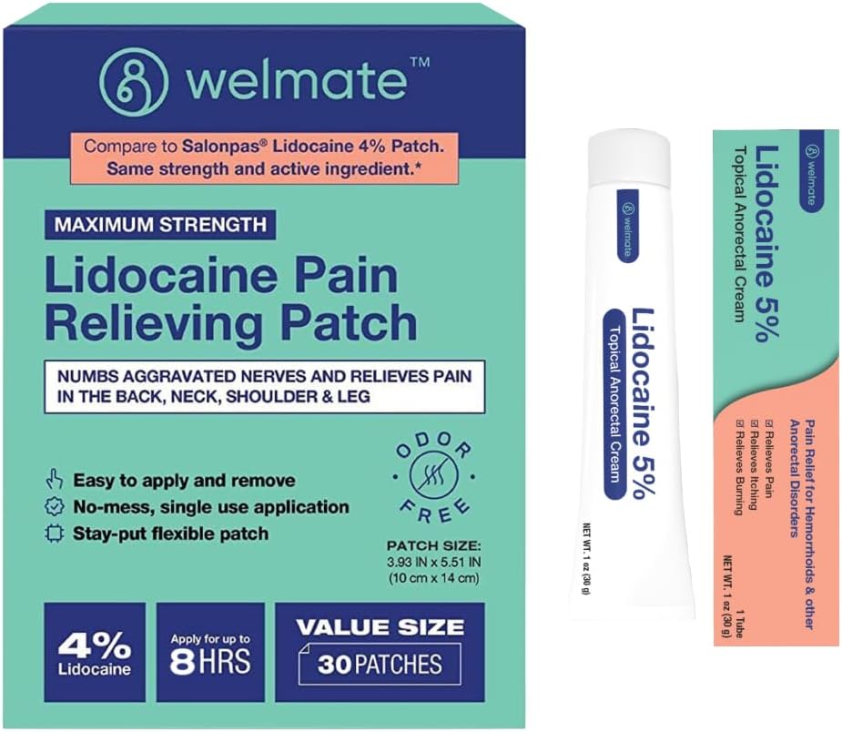 WELMATE Ultimate Pain Relief Duo: 4% Lidokain Numbing Patch (30 Ct) & 5% Lidokain Cream (1 Oz)