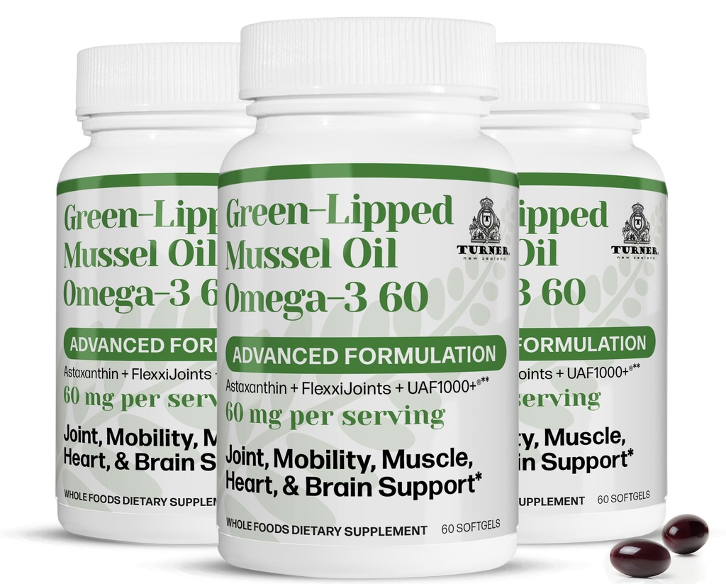 TURNER Nový Zéland Green Lipped Omega-3 Mussel Oil, 53x Vyššia potencia s UAF1000+ Super Antioxidant. Žiadna rybacia dochuť, 3 fľaše, 180 softgelov
