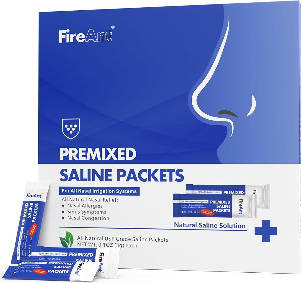 FireAnt Saline pakety pre Sinus Rinse, 100 Premixed Neti Pot Salt Paket pre nosal Rinse, Sinus Rinse Pakety pre nosový zavlažovanie systém, PH Balanced - Blate Blue