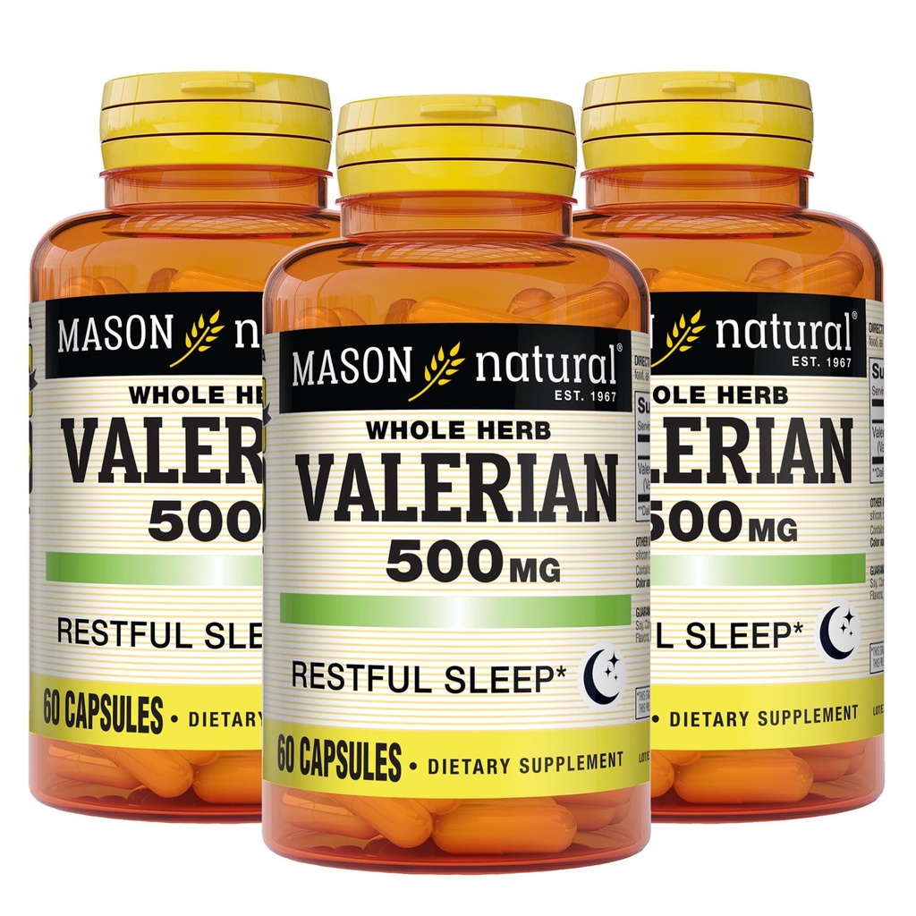 MASON NATURAL Valerian Root 500 mg, 6 mesiacov dodávky, Prírodný spánok, podporuje zdravý a pokojný spánok, bylinné doplnky, 3 balenia