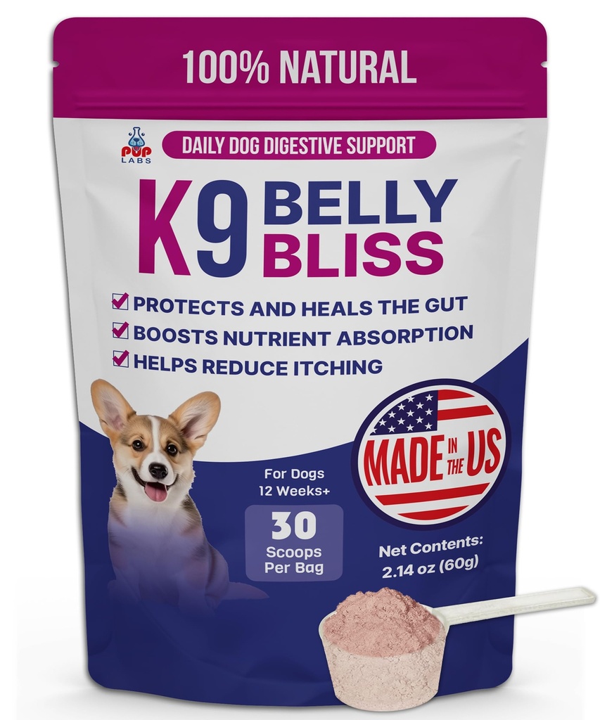 K9 Belly Bliss, All-Natural Gut zdravie pre psy, Vet Schválené Prebiotické pre psy pre každodennú podporu trávenia a psie zápcha Relief, jednoduché použitie Topper pre suché a mokré potraviny, 30 Scoops.