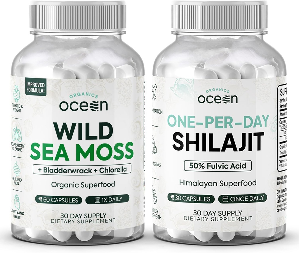 Organics Ocean Wild Sea Moss Kapsule a One-per-day Shilajit od Muži a ženy - 100% Irish Sea Moss a Pure Shilajit Kapsule - Podpora štítnej žľazy pre ženy a mužov