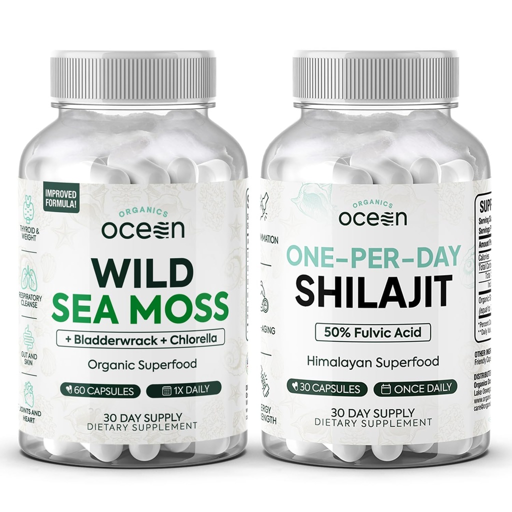Organics Ocean Wild Sea Moss Kapsule a One-per-day Shilajit od Muži a ženy - 100% Irish Sea Moss a Pure Shilajit Kapsule - Podpora štítnej žľazy pre ženy a mužov