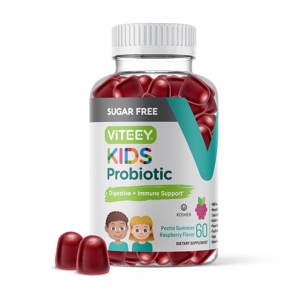 Viteey Probiotické Gummy pre deti - 2 miliardy CFU - Probiotiká Detské Zápcha Relief, Prírodné imunitné a trávne zdravie Podpora - Vegan, Želatína zadarmo, GMO zadarmo - Chutné Chewable Malinová Ochutené