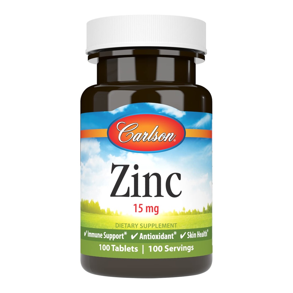 Carlson - Zinok, 15 mg, Zinok Supplement, Zinkový glukonát, Imunitná podpora a zdravie kože, Zinkové tablety, Antioxidant, Zinkové kapsuly, 100 tabliet