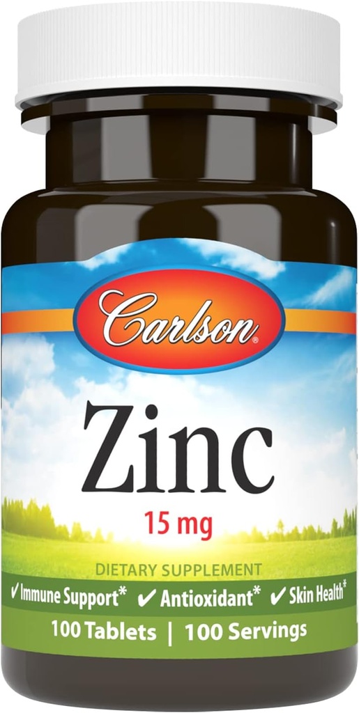 Carlson - Zinok, 15 mg, Zinok Supplement, Zinkový glukonát, Imunitná podpora a zdravie kože, Zinkové tablety, Antioxidant, Zinkové kapsuly, 100 tabliet