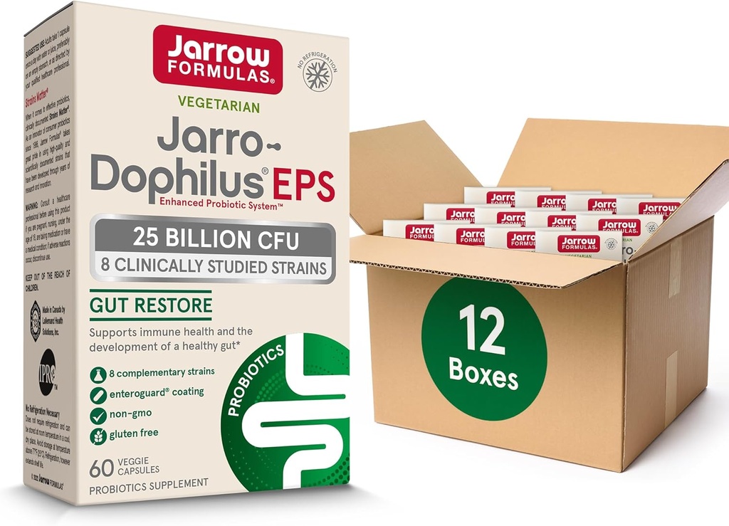 Jarrow Formules Jarro-Dophilus EPS Probiotiká 25 miliárd CFU pre Intestinálnu podporu Tract, Gut Health Probiotiká Doplnky pre ženy a mužov, 60 Veggie Kapsule, Až 60 dní dodávky, 12 Balíčky