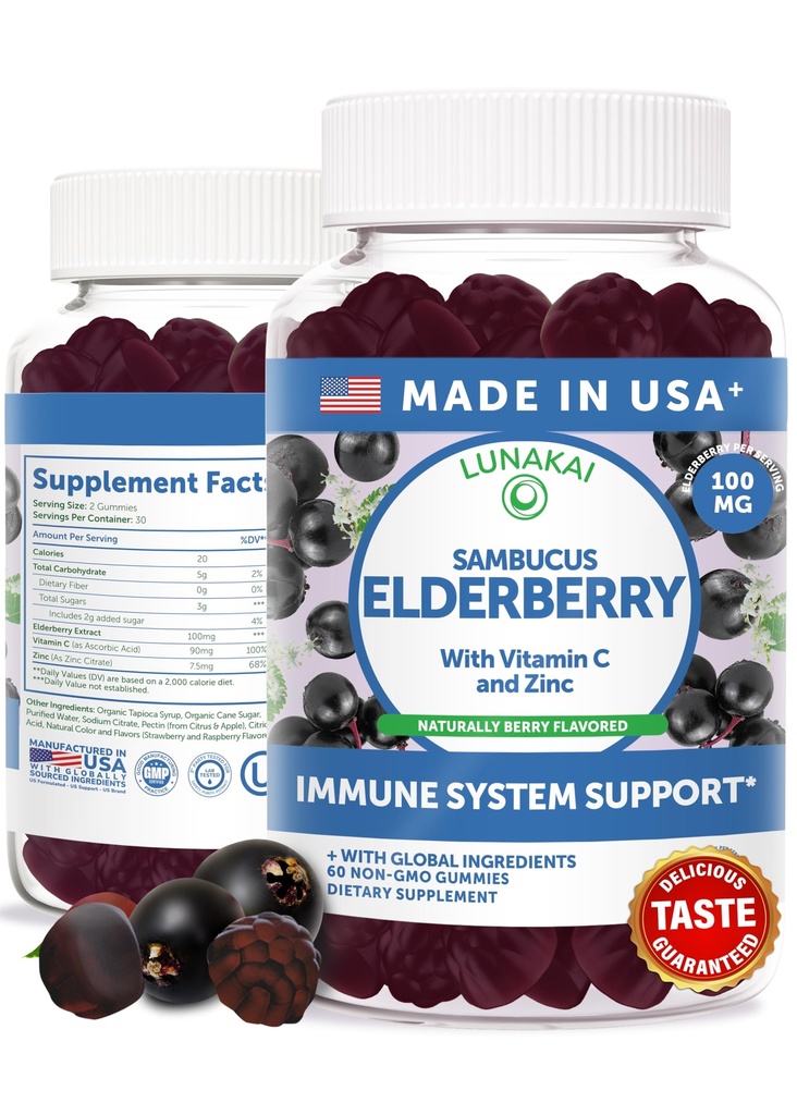 Lunakai USA Made Black Sambucus Elderberry Gummy pre dospelých a deti s vitamínom C a zinkom - Imunitná podpora, Antioxidanty, Non-GMO, 60 Gummies