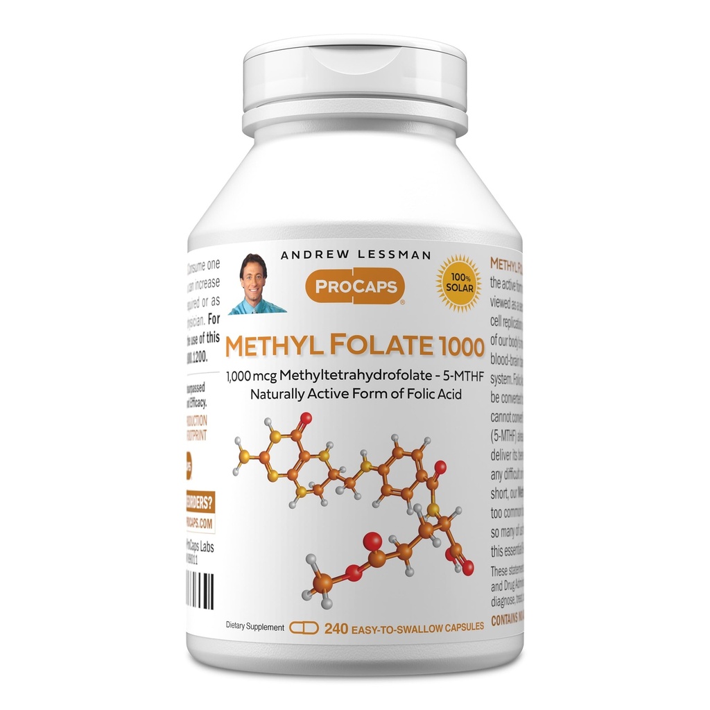 ANDREW LESSMAN metyl folát 1000mg - 240 Kapsule - 1000 mcg L-metyl folát, Silné hladiny esenciálneho vitamínu B9. Podporuje zdravé srdce, mozog, imunitné a tehotenstvo. Kapsuly sa ľahko prehĺtajú