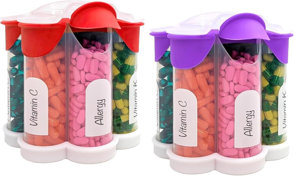 Extra veľké pilulky Organizátor denne, Týždenný, Mesačný doplnok fľaše, roztomilé Blossom pilulky dávkovač so 7 XL oddelenia (2 balenie Combo) (Purple a červená)