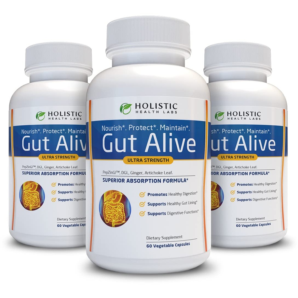 Gut Alive - All Natural Support to Fight IBS, Pálenie záhy, Kyslé poruchy trávenia, Acid Reflux, Blaing & Gas. Unikátna formulácia (60 počet (Pack of 3))